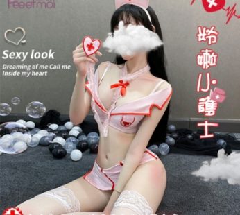 護士角色扮演服!珠光立體鋼圈棉墊假翻領牽引頸環五件式套裝 – 含絲襪